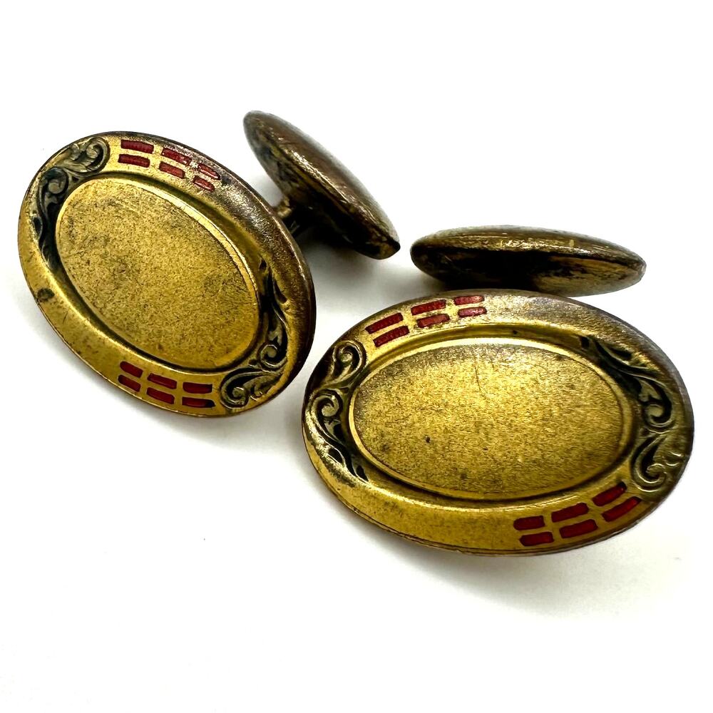 SBCo antique Edwardian Art Deco gold gilt black red cloisonne enamel cufflinks